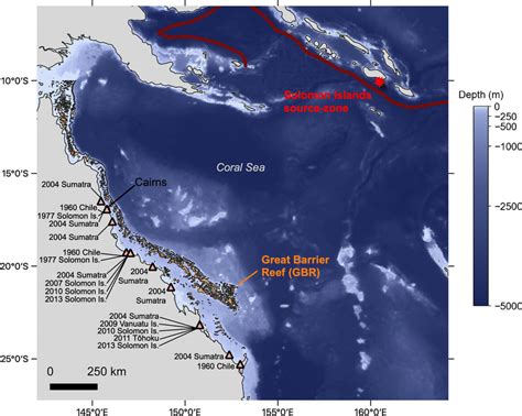 Regional view of the Solomon Islands source zone, the Coral Sea, and ...