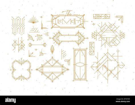 Art deco vintage design elements drawing in gold line style on white ...