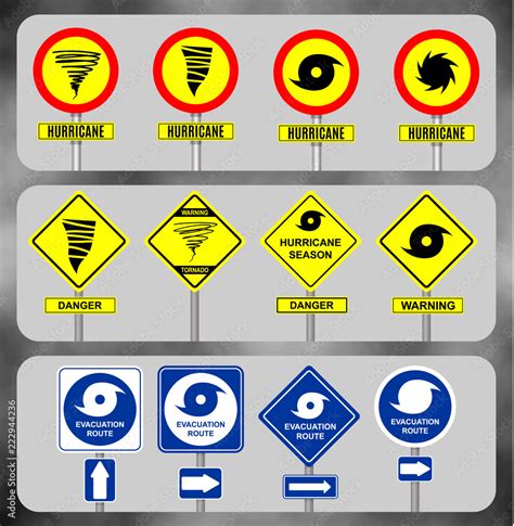 Set road sign hurricane. Yellow hazard warning sign against tornado ...