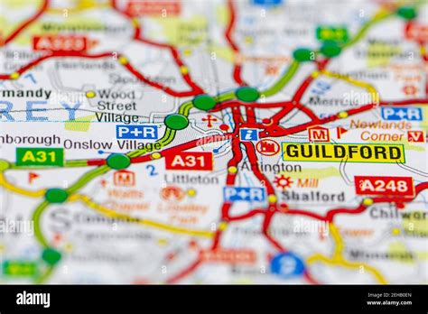 Guildford and surrounding areas shown on a road map or Geography map ...