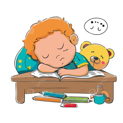 Preschool Nap Time Vector, Sticker Clipart Boy Is Sleeping At His Desk ...