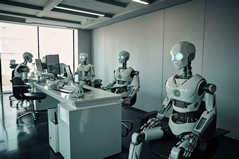 Group of robots working in the office. 3D Rendering. Robots replacing ...