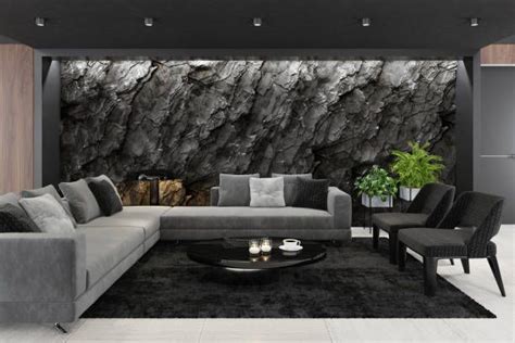 Modern Matte Black Living Room with Mountain Stone Wall