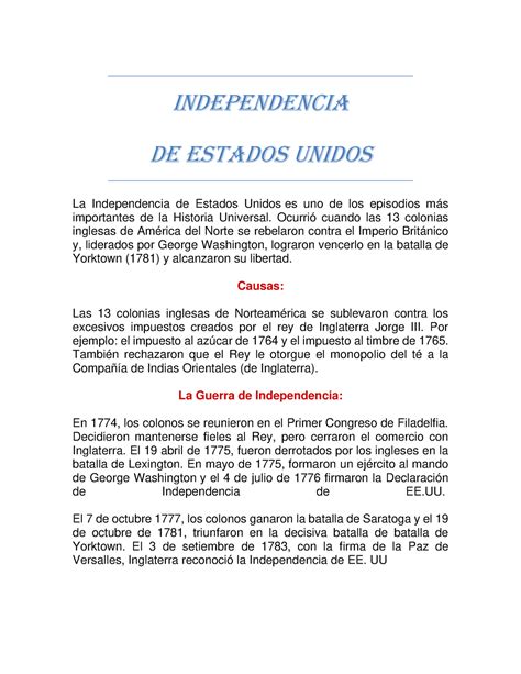 Resumen de La Independencia de Estados Unidos - INDEPENDENCIA DE ...