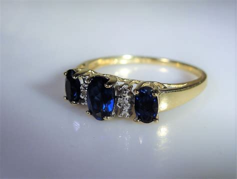 10K Retro Blue Sapphire and Diamond Trilogy Band Ring, Lab Created ...