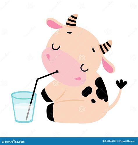 Cute Little Cow Drinking Milk, Adorable Funny Farm Animal Cartoon ...