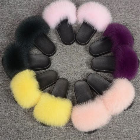 Women Summer Slippers Flat Fox Fur Slippers Nature Real Fur Beach ...