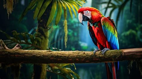 Premium AI Image | vibrant macaw perching on branch in tropical rainforest