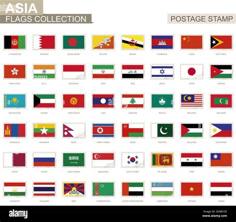 Postage stamp with Asia flags. Set of 48 Asian flag. Vector ...