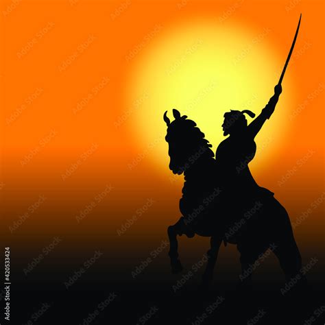 Drawing of Shivaji Maharaj riding horse. silhouette on sunset or ...