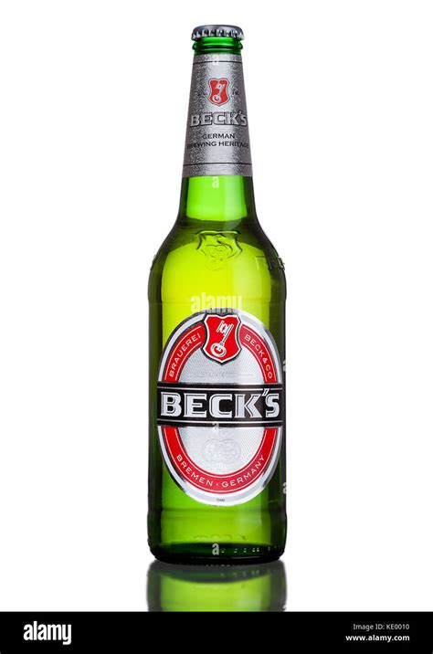 LONDON, UK - MARCH 15, 2017: Bottle of Becks beer on white background ...