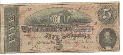 1864 Confederate States Of America Csa Five Dollar $5 Note; Richmond