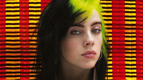 Billie Eilish With Ash Eyes And Green Hair In Red And Yellow Strips ...