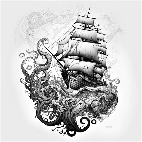 Pirate Ship Vs. Kraken Tattoo Design White Background PNG File Download ...