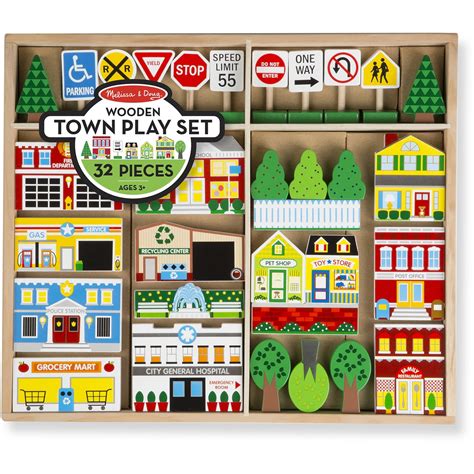 Melissa & Doug Wooden Town Play Set With Storage Tray (32 pcs ...