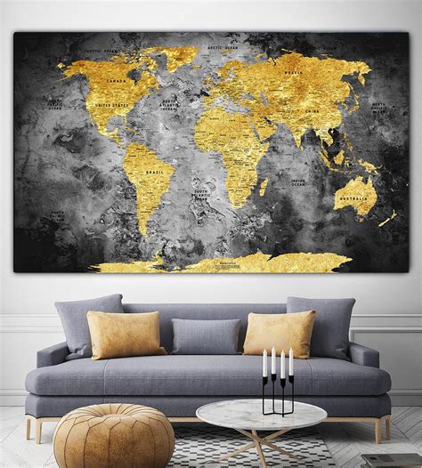 Gold World Map Print on Canvas Vintage Style World Map Wall | Etsy