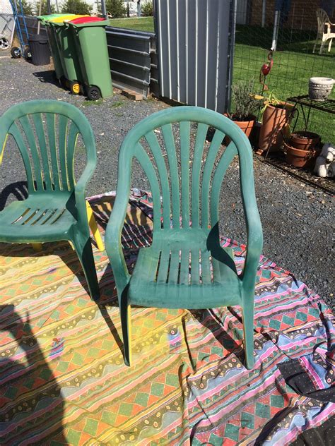 Before spray paint, weathered but good condition outside plastic chairs ...