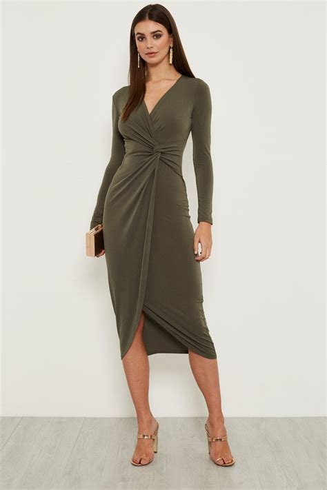 Lillian Knot Tie Long Sleeve Wrap Dress In Khaki - Dresses from Walg ...