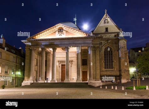 The St. Pierre Cathedral in the old town of Geneva on a full moon night ...