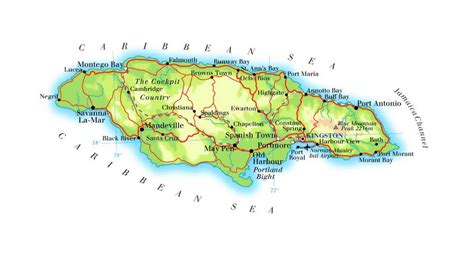 Detailed elevation map of Jamaica with roads, railroads, cities and ...