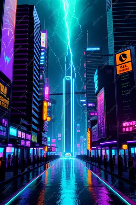 Premium AI Image | future city lightningwave 3d cgi glowing neon ...