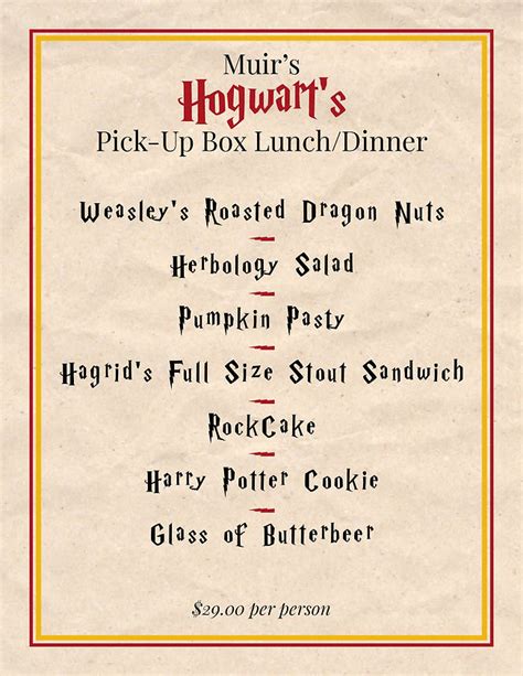 Harry Potter Lunch Menu | Muirs Tea Room Cafe