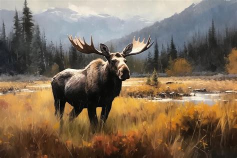 Premium AI Image | Moose in a field with mountains in the background