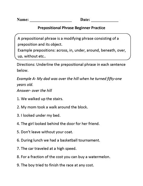 Prepositional Phrase Practice Worksheets