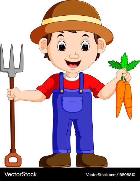 Cartoon young farmer holding rake Royalty Free Vector Image