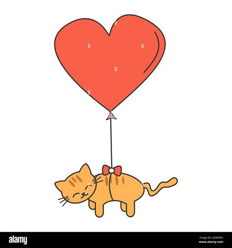 cute cartoon cat flying in the sky with big heart balloon romantic ...