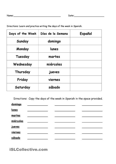 Days Of The Week Spanish Worksheets