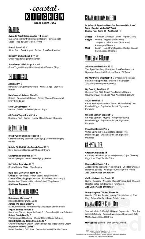 Coastal Kitchen menu in Del Mar, California, USA