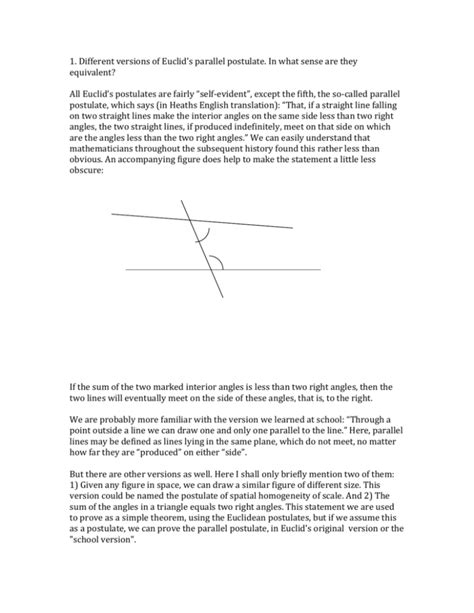 1. Different versions of Euclid`s parallel postulate. In what sense are