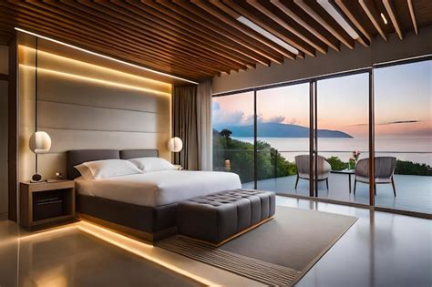 Premium AI Image | A bedroom with a view of the ocean and a view of the ...