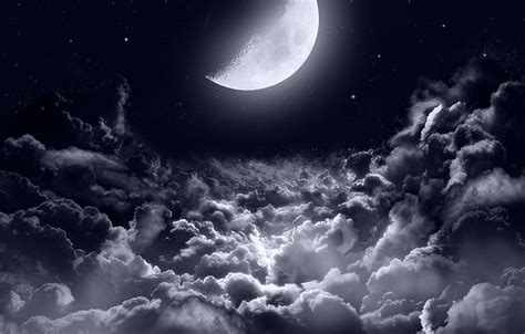 Wallpaper dark, moon, clouds, stars, night sky, moonlight, half moon ...