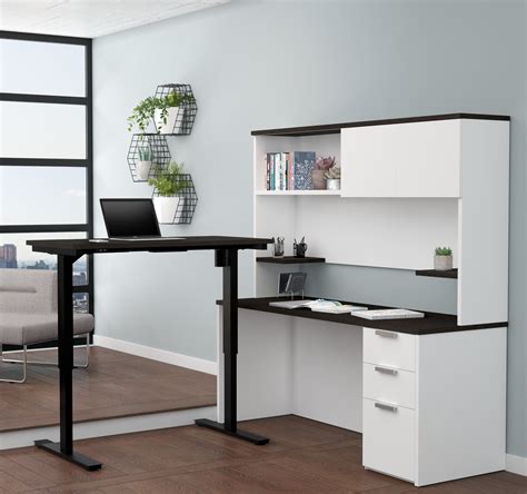 L-shaped Desk & Hutch with Height Adjustable Side, in White & Deep Gra ...