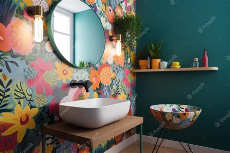 Premium Photo | A bathroom with a colorful wallpaper that says'flower ...