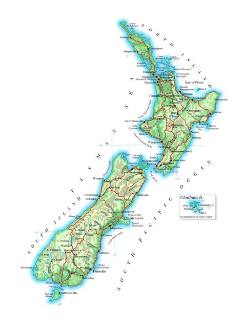 Large elevation map of New Zealand with roads, railroads, cities and ...