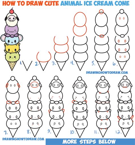 How to Draw Cute Kawaii Animals Stacked in Ice Cream Cone Easy Step by ...