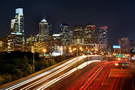 Philadelphia Skyline at Night in Color car light trails Photograph by ...