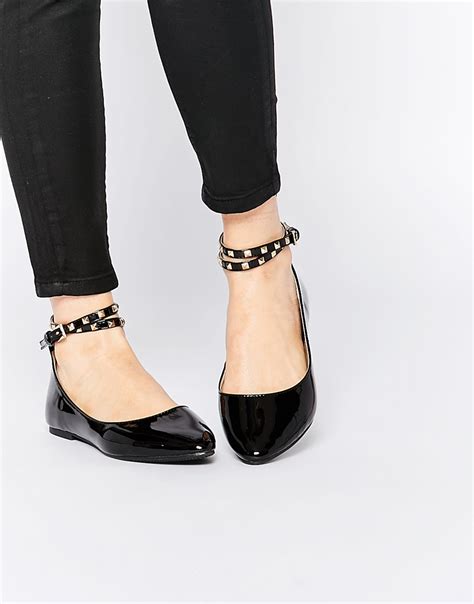 Daisy Street Black Studded Ankle Strap Ballet Flat Shoes | Lyst