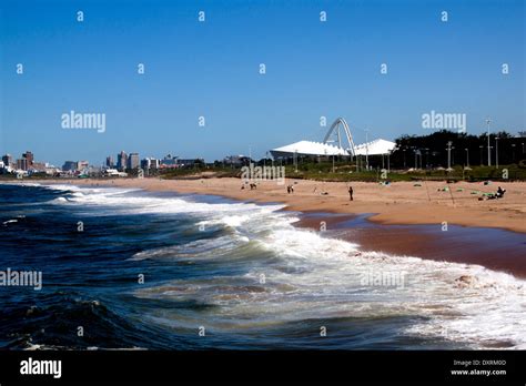 View of Blue Lagoon Beach against city skyline in Durban South Africa ...