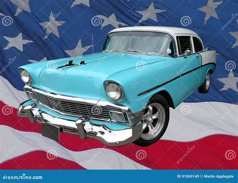 Classic American Car on Flag Stock Image - Image of turquoise, front ...