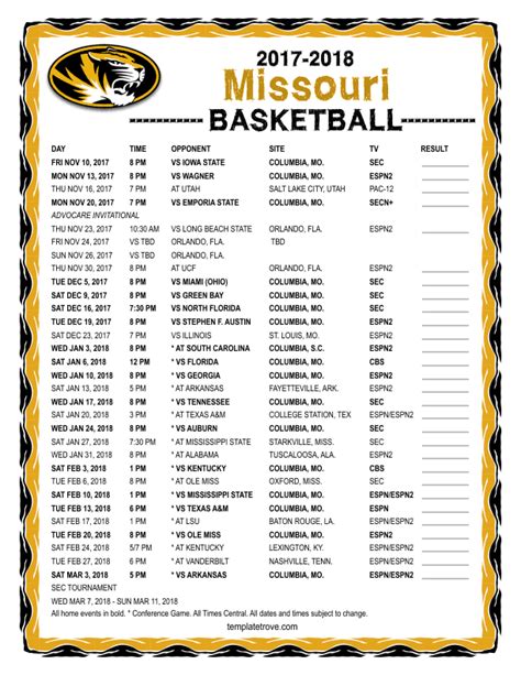 Printable 2017-2018 Missouri Tigers Basketball Schedule