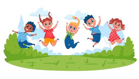 Kids jumping on meadow. Happy children having fun outside in summer ...