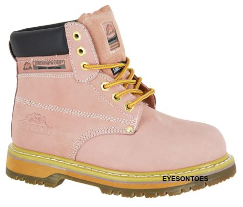 LADIES PINK GROUNDWORK SAFETY STEEL TOE CAP LEATHER WORK HIKING BOOTS ...