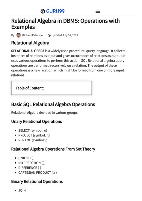 Relational Algebra in DBMS Operations with Examples - It collects ...