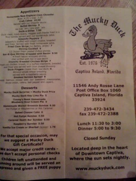 Menu at The Mucky Duck Restaurant, Captiva