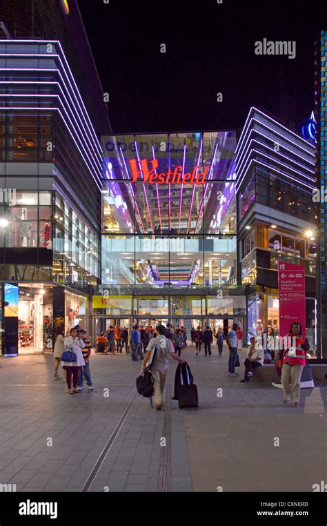 Westfield shopping mall entrance with warm summer evening late night ...