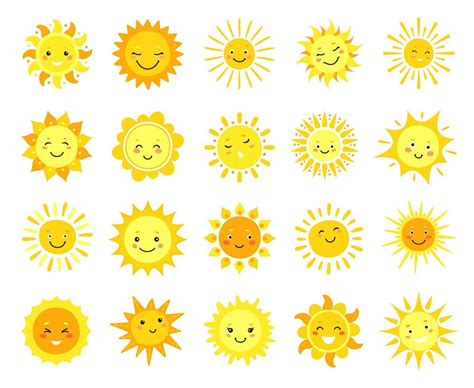 Cute sun. Cartoon sunny emoji, happy yellow sun characters with smile ...